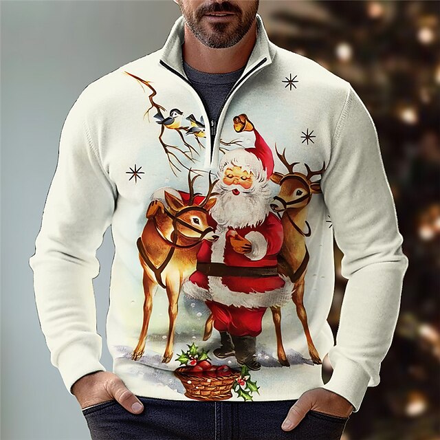 Christmas Men's Santa Claus 3D Zipper Polo Santa Claus Casual Print 3D Zip Golf Outdoor Casual Daily Streetwear Polyester Long Sleeve Zip Shirts Wine Red Fall & Winter S M L Micro-elastic Lapel Polo3