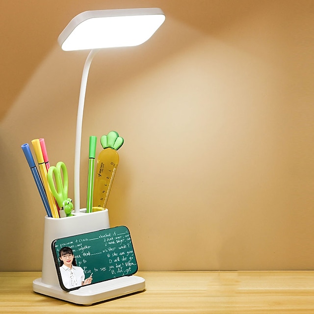  Lâmpada led de mesa com proteção para os olhos, lâmpada de leitura para mesa de estudante, suporte duplo para caneta, suporte para celular, iluminação noturna, lâmpada de mesa com 3 brilhos, lâmpada