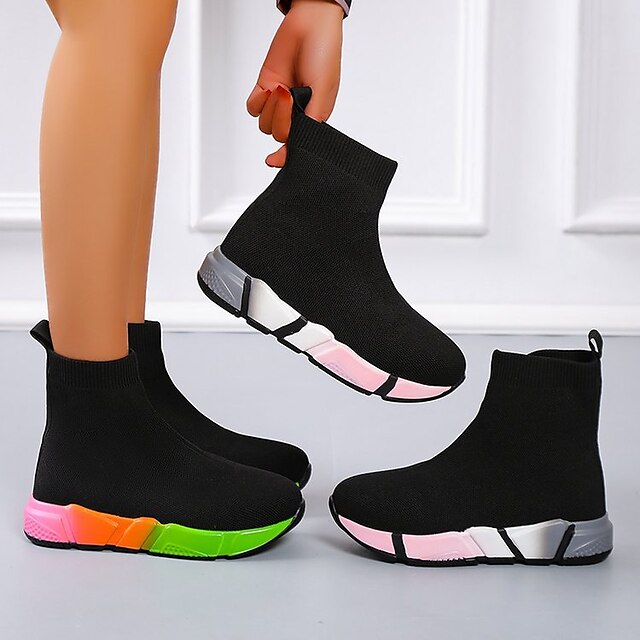 Women's Sneakers Boots Sock Boots Plus Size Flyknit Shoes Outdoor Daily Solid Color Booties Ankle Boots Winter Flat Heel Round Toe Casual Comfort Tissage Volant Loafer Black / Red Colorful