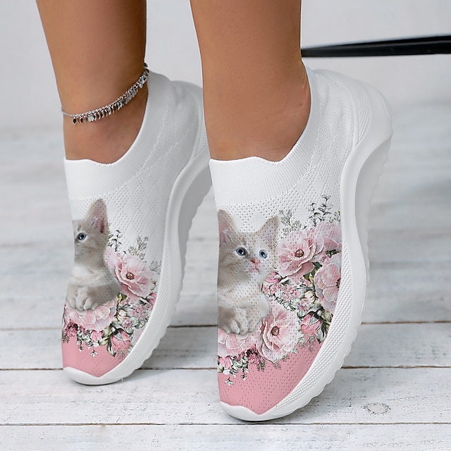  Pentru femei Adidași Slip-On-uri Mărime Plus Size Pantofi Flyknit În aer liber Zilnic Floral Pisica Vară Iarnă Toc Drept Vârf rotund Vârf Închis Modă Casual Tăiați volantul Loafer Roz
