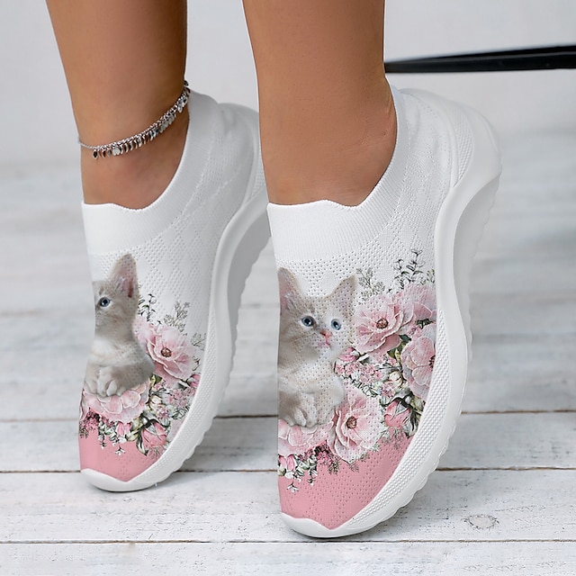  Damen Turnschuhe Slip-Ons Übergrössen Flyknit Schuhe Outdoor Täglich Blumen Katze Sommer Winter Flacher Absatz Runde Zehe Geschlossene Spitze Modisch Brautkleider schlicht Fliegendes Weben Halbschuhe