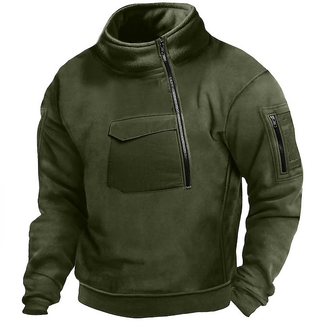 Men's Sweatshirt Quarter Zip Sweatshirt Tactical Black Army Green Navy Blue Khaki Gray Half Zip Plain Pocket Sports & Outdoor Daily Holiday Streetwear Basic Casual Fall & Winter Clothing Apparel