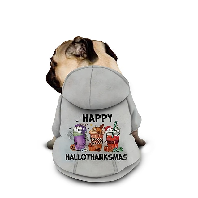  Happy Hallothanksmas Print Dog Cat Pet Pouch Hoodie Graphic Fashion Casual Outdoor Casual Daily Dog Clothes Puppy Clothes Dog Outfits Waterproof Gray Costume for Girl and Boy Dog Polyster XXL