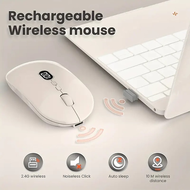  mouse leve sem fio com tela de bateria Mouse sem fio portátil fino de 2,4g para laptop recarregável sem fio silencioso clique mouse de computador de até 1600 dpi para pc mac macbook office