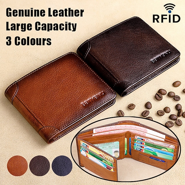  Men's Wallet Credit Card Holder Wallet Leather Outdoor Shopping Daily Large Capacity Waterproof Lightweight Solid Color Retro brown color - 20% off model (first layer of cowhide + Yellow brown - 20