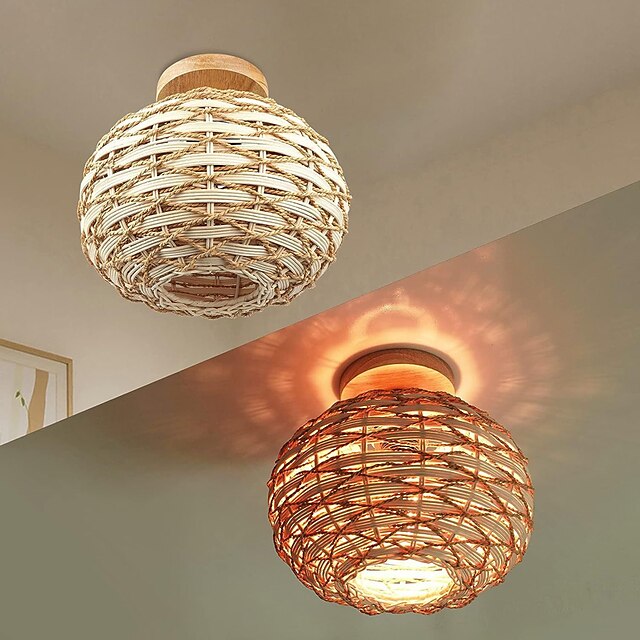  Farmhouse Rattan Flush Mount Ceiling Light Fixture 30cm Bohemian Ceiling Light Fixture with Hand-Woven Cage Shade for Hallway Porch Entryway Bedroom Kitchen 110-240V