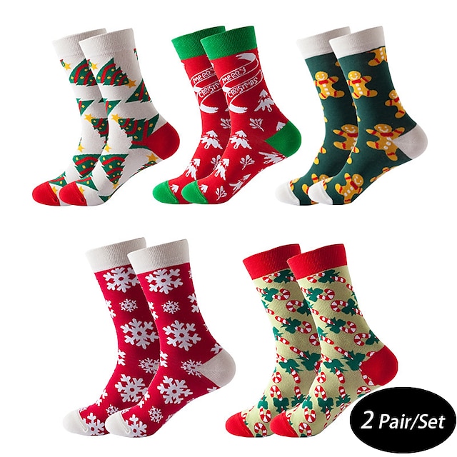  Men's 2 Pairs Crew Socks Men Socks Xmas Socks Red / Green White Color Christmas Casual Daily Basic Medium Fall / Winter Thermal