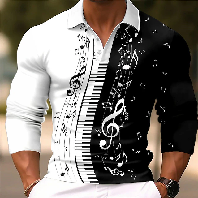 Music Festival Men's Music Polo Shirts Golf Shirt Long Sleeve Polo Shirts Collared Shirts Casual Vacation Wear Festival Wear Party Outfits 3D Print Buttons Fall & Winter Black Wine Blue 5