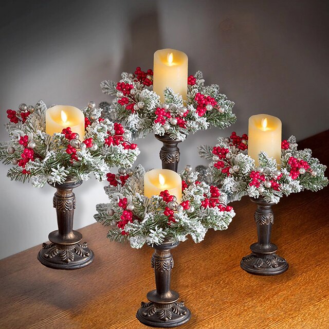 Christmas Candle Garland Rings Flocked Red Fruits Candle Holder Garland
