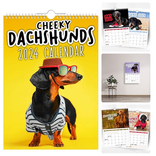  Calendario de perros salchicha descarados 2024, calendario colgante de pared con perros divertidos para oficina en casa, regalo de Navidad