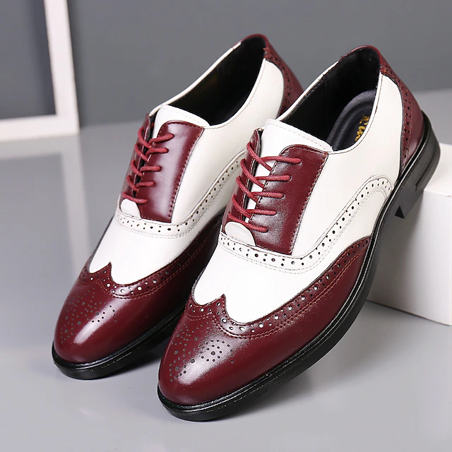 Men's White and Burgundy Wingtip Oxford Brogue Shoes, Gatsby-Inspired Glossy Leather Spectator Dress Shoes for 1920s Jazz Party, Vintage Wedding, and Themed Formal Events 10