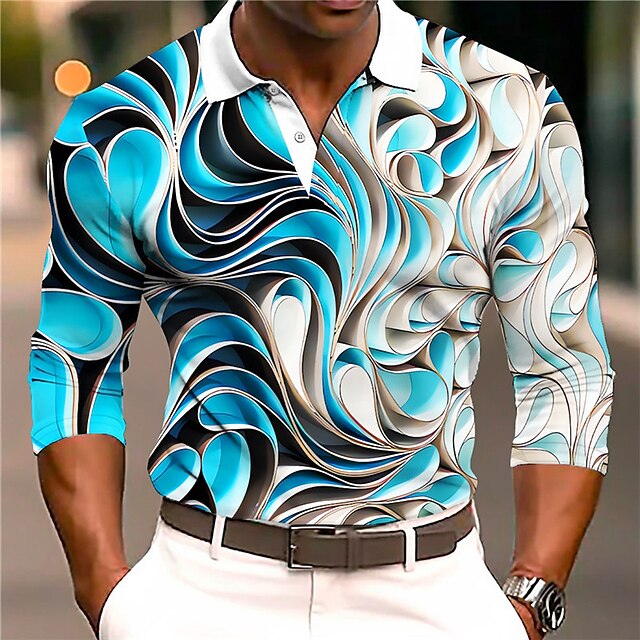 Men's Graphic Polo Shirts Golf Shirt Long Sleeve Polo Shirts Collared Shirts Casual Vacation Wear Rave Wear Party Outfits 3D Print Buttons Fall & Winter Blue Orange3