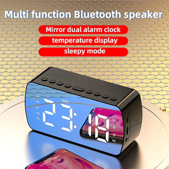 border Creative Digital Electronic Clock LED Mirror Double Alarm Wireless Speaker Music Alarm Clock 17