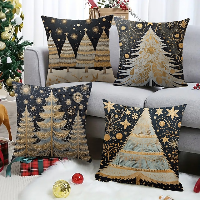 Funda de almohada de doble cara con árboles dorados de Navidad, 4 piezas, arte popular escandinavo, funda de cojín cuadrada decorativa suave de Navidad, funda de almohada para dormitorio, sala de