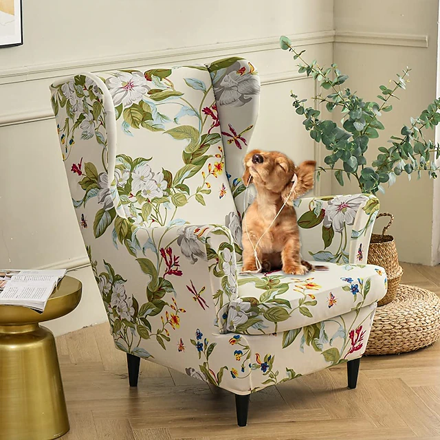 Floral Printed Stretch Wingback Chair Cover For Pet Armchair Slipcovers Spandex Fabric Wingback Armchair Covers with Elastic Bottom for Living Room Bedroom Decor 15