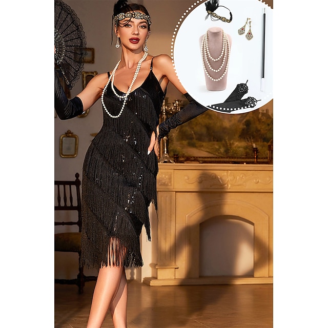  Retro Vintage Brüllen 20s 1920s Flapper Kleid Kleid Austattungen Flapper Stirnband Der große Gatsby Damen Pailletten Quaste Weihnachten Halloween Party / Abend Kleid