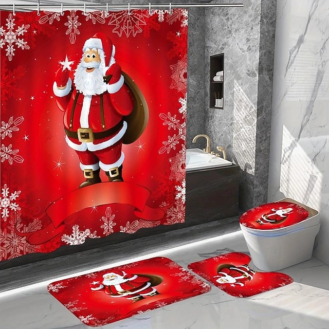 Cortina de ducha de Papá Noel roja para baño, decoración de baño de Navidad, vacaciones de invierno, alfombra de baño antideslizante, alfombra en forma de U, almohadilla para tapa de inodoro, con 12 ganchos, decoraciones navideñas