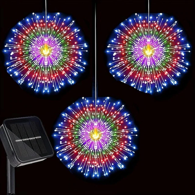 Firework Light Panel 1pc Solar Panel With 3pcs Hanging Solar Firework Lights 270LEDs ...