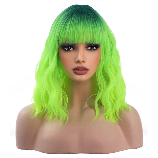  Ombre Green Wigs for Women 14 Inches Short Wavy Neon Green Wig With Bangs Fluorescent Green Short Wigs for Cosplay Party Daily Wigs Wig Cap Included Christmas Party Wigs