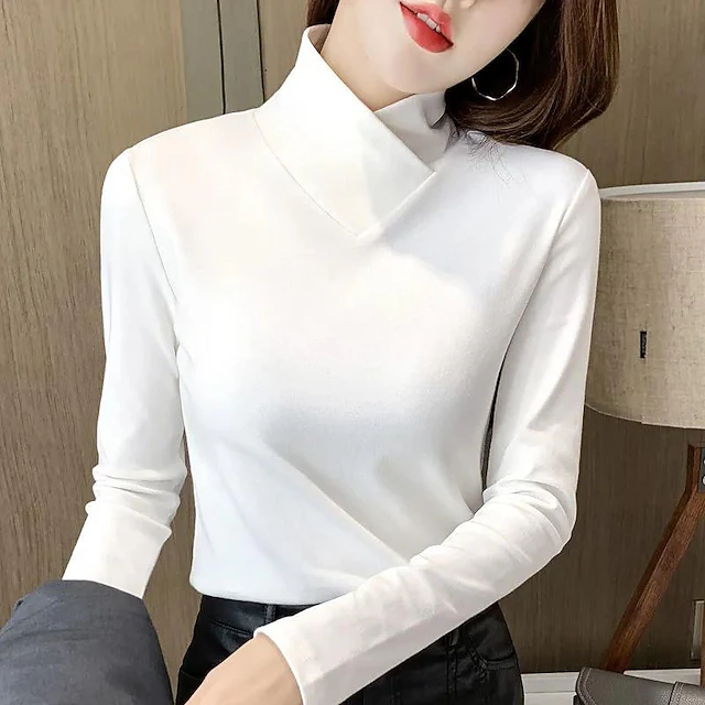 Women's Shirt Blouse Fashion Long Sleeve Regular Tops V Neck Casual Black White Pink Blue Green Spring & Fall Fall & Winter 5