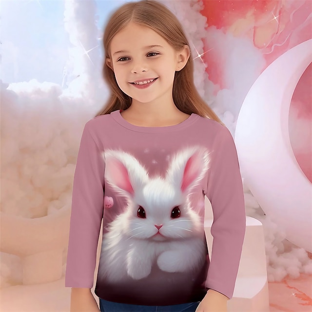  Девочки 3D Кролик Градиент цвета Футболка Рубашка Розовый Длинный рукав 3D печать Осень Зима Активный Мода Симпатичные Стиль Полиэстер Дети 3-12 лет Вырез под горло на открытом воздухе Повседневные