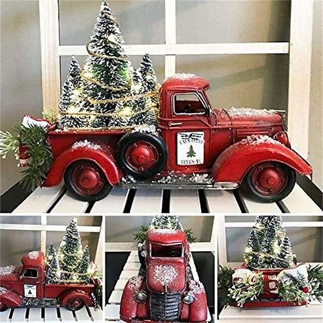  Red Farm Truck Christmas Centerpiece 2023 Farmhouse Old Red Pickup Truck with Christmas Tree Light Up for Christmas Decoration Holidays Home Furnishing Decoration Christmas Truck