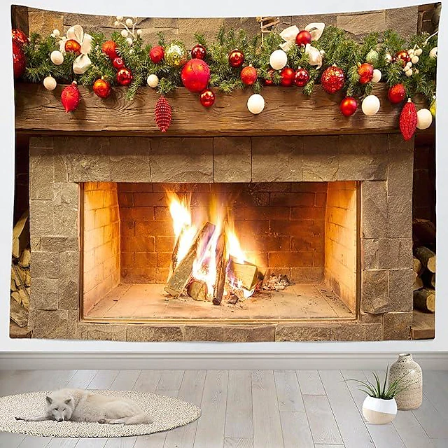 Christmas Decorations Fireplace Hanging Tapestry Wall Art Xmas Large Tapestry Mural Decor Photograph Backdrop Blanket Curtain Home Bedroom Living Room Decoration 14