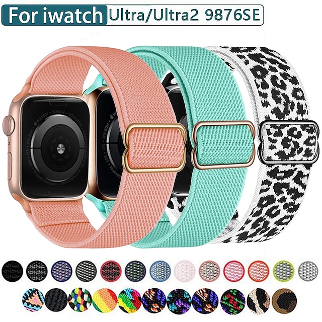  Compatibel met: Apple Watch-horlogebandje 38mm 40mm 41mm 42mm 44mm 45mm 49mm Gevlochten Elastisch Verstelbaar Stof Vervangende horlogeband voor iwatch Ultra 2 Series 9 8 7 SE 6 5 4 3 2 1