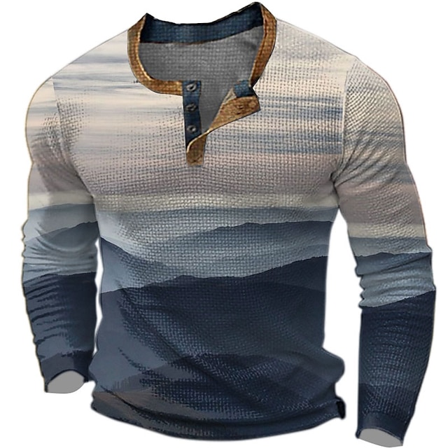  Christmas The Mountains Mens Graphic Shirt Color Block Fashion Designer Casual 3D Print Henley Waffle Tee Sports Outdoor Holiday Festival Blue Purple Brown Long
