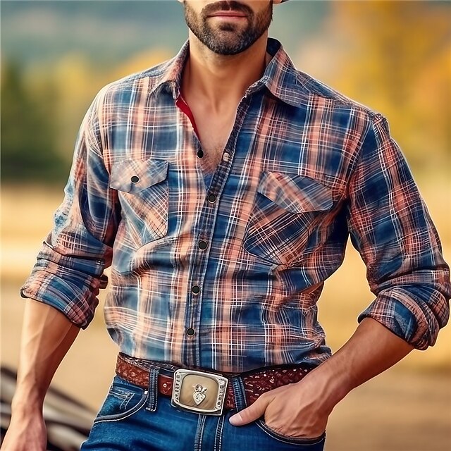 Men's Plaid Western Shirt Button Up Shirt Cowboy Shirt Long Sleeve Vintage Western Daily Wear Spring Fall & Winter Turndown Collared Shirts 3D Print Front Pocket Royal Blue Blue3