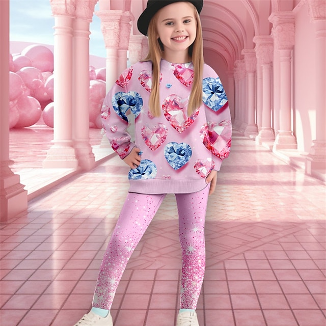  Rosafarbenes 3D-Herz-Sweatshirt für Mädchen & Leggings-Set, langärmelig, 3D-Druck, Herbst, Winter, aktiv, Mode, täglich, Polyester, Kinder 3–12 Jahre, Rundhalsausschnitt, Outdoor, Date, Urlaub,
