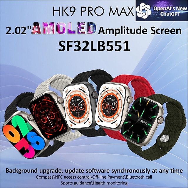  HK9 PRO MAX Smart Watch 2.02 inch Smartwatch Fitness Running Watch Bluetooth Pedometer Call Reminder Fitness Tracker Compatible with Android iOS Women Men Long Standby Hands-Free Calls Message