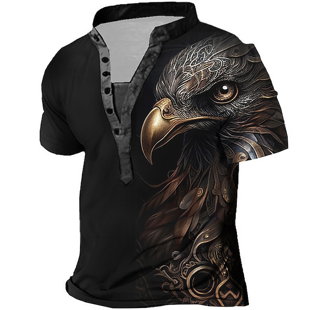  Eagle Black Mens 3D Shirt Casual | Summer Cotton | Graphic Animal Fashion Designer Basic Men'S 3D Print Henley Vintage Outdoor Daily Blue Brown Green Short Sleeve Stand