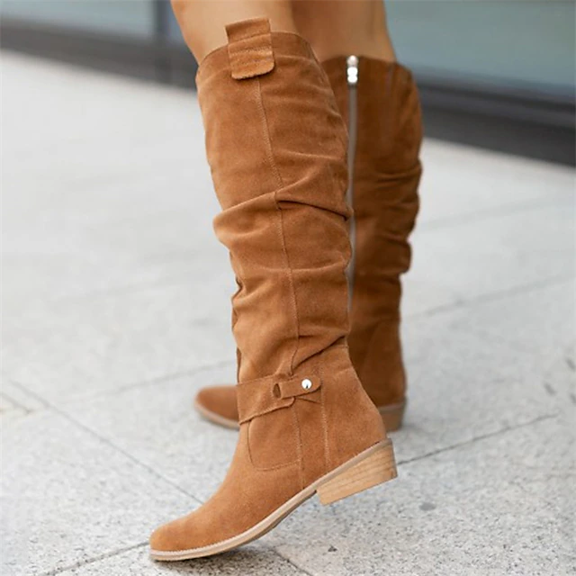 Women's Slouchy Suede Knee-High Boots with Buckle - Casual Flat Heel for Everyday & Fall Fashion