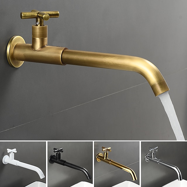  Wall Mounted Bathroom Sink Faucet, Brass Constructed Single Handle One Hole Long Reversible Spout Bath Mixer Taps for Bathroom Sink Tall Vessel, in Black Antique Brass Chrome Silver