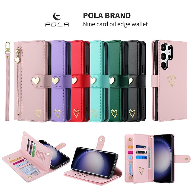  Phone Case For Samsung Galaxy S24 S24 S23 S22 S21 Ultra Plus A54 A34 A14 Note 20 10 Wallet Case Zipper with Wrist Strap Kickstand Solid Color Heart TPU PU Leather