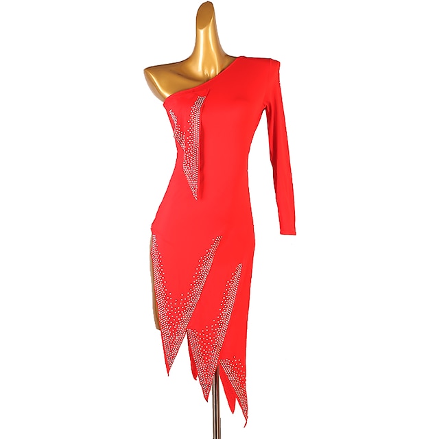  χορός salsa λατινικό φόρεμα χορού καθαρού χρώματος μάτισμα κρυστάλλων / στρας προπόνηση γυναικείας απόδοσης μακρυμάνικο τσινλον σπάντεξ