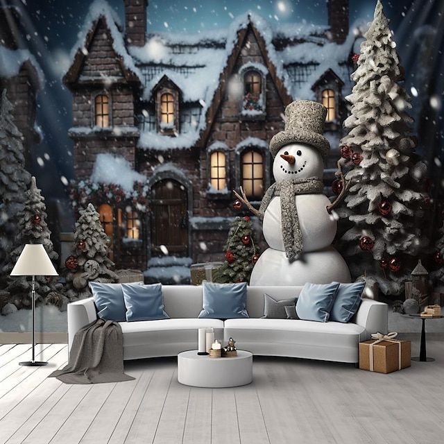  Christmas Decorations Hanging Tapestry Christmas Tree Snowman Wall Art Xmas Large Tapestry Mural Decor Photograph Backdrop Blanket Curtain Home Bedroom Living Room Decoration