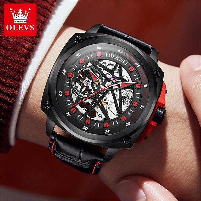  OLEVS  Brand Men'S Watches Double Star Skeleton Automatic Mechanical Watches Large Dial Waterproof Leather Men'S Sports Watches