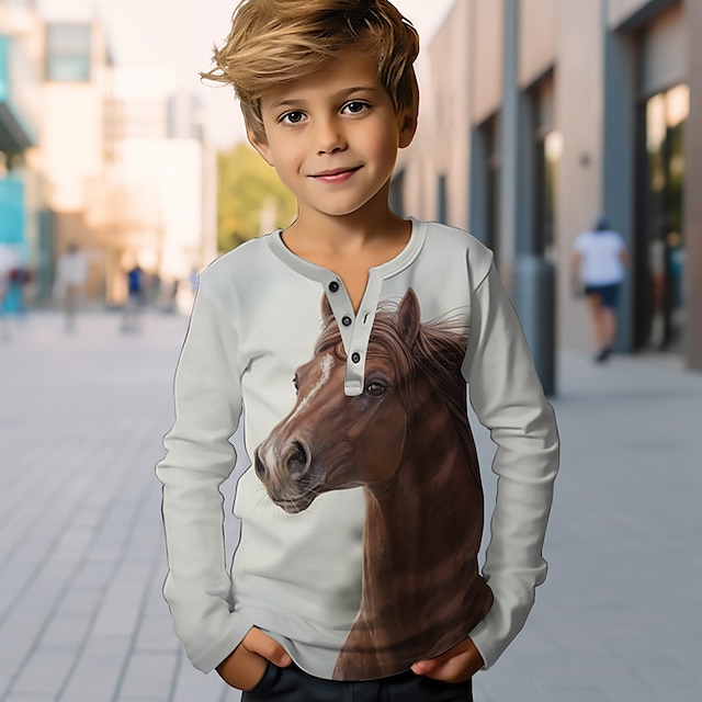  Pojkar 3D Häst henley skjorta Långärmad 3D-tryck Höst Vinter Sport Mode Streetwear Polyester Barn 3-12 år Rund hals Utomhus Ledigt Dagligen Normal