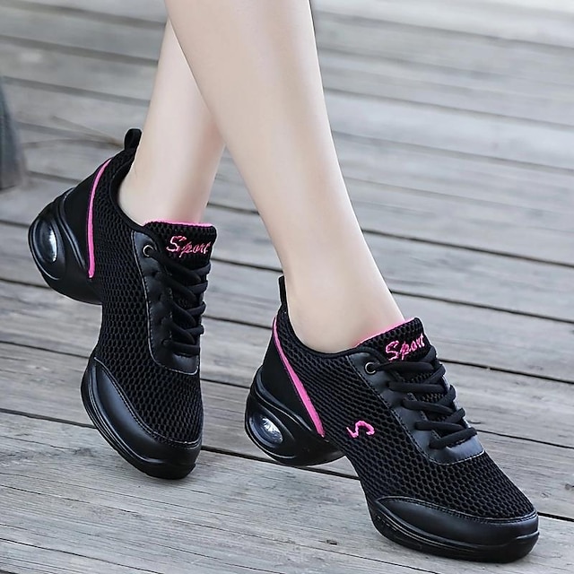  Women's Dance Sneakers Outdoor HipHop Square Dance Plus Size Split Sole Flat Heel Round Toe Lace-up Black White