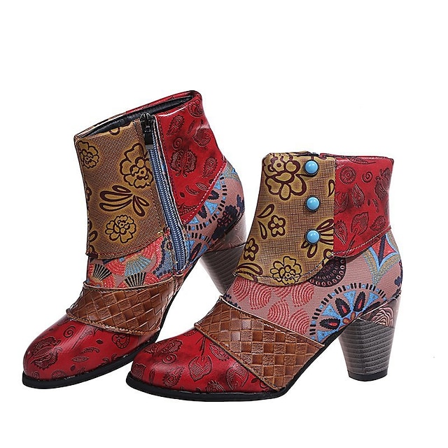  Bottines à imprimé floral rétro pour femme avec boutons – bottines bohèmes à talons épais pour le streetwear d'automne, les marchés d'art et les sorties du week-end