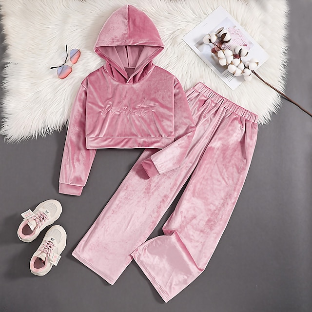  2 Pieces Kids Girls' Solid Color Pocket Pants Suit Set Long Sleeve Active School 7-13 Years Spring Pink