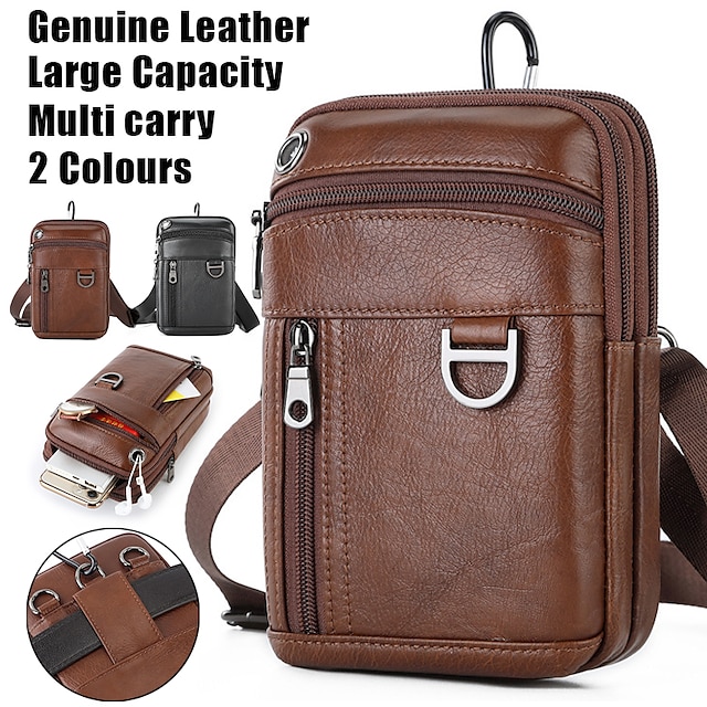  Men's Crossbody Bag Shoulder Bag Mobile Phone Bag Belt Bag Leather Outdoor Daily Holiday Zipper Large Capacity Waterproof Durable Solid Color Black Brown