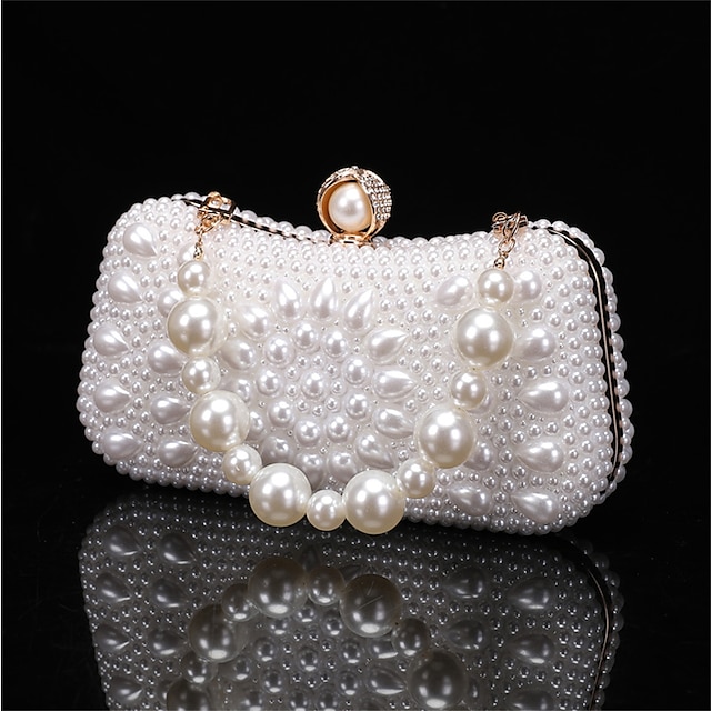  kvinders clutch aftentaske møntpung clutch tasker læder til aften brude bryllupsfest med perler kæde i geometrisk hvid beige