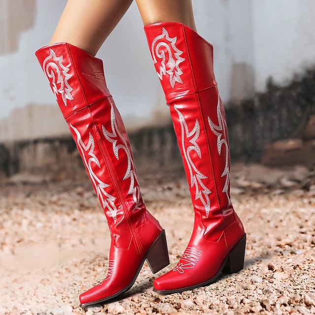  Mujer Botas Botas cowboy Fiesta Bordado Botas por encima de la rodilla Botas altas de muslo Invierno Bordados Tacón Cuadrado Dedo Puntiagudo Bohemia PU Cremallera Rosa Rojo Marrón