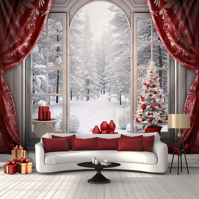 Christmas Decorations Tree Window Winter Hanging Tapestry Wall Art Xmas Large Tapestry Mural Decor Photograph Backdrop Blanket Curtain Home Bedroom Living Room Decoration 14
