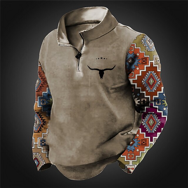 Color Block Tribal Cow Vintage Men's 3D Print Zip Polo Golf Polo ...