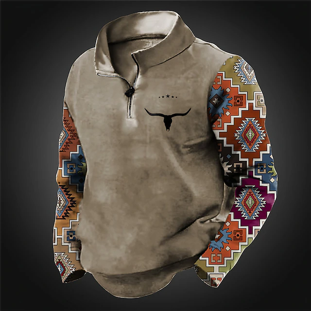 Polo Cow Pattern Color Block Tribal Cow Vintage Men's 3D Print Zip Polo Golf Polo ...