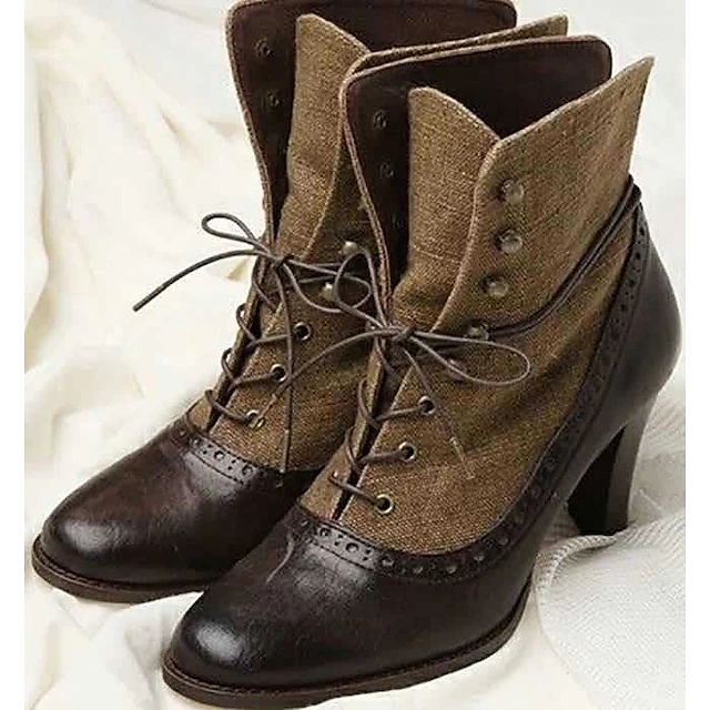 Women's Victorian Lace-Up Ankle Boots with Vintage Brogue Detailing – Faux Leather and Fabric High Heel Boots for Retro Fashion 11